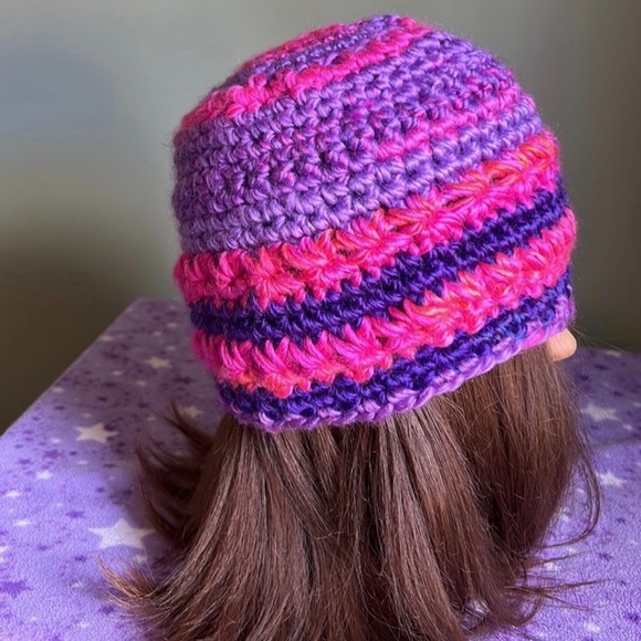 Vibrant Crochet Beanie in Purple and Pink - Picture 7 of 7